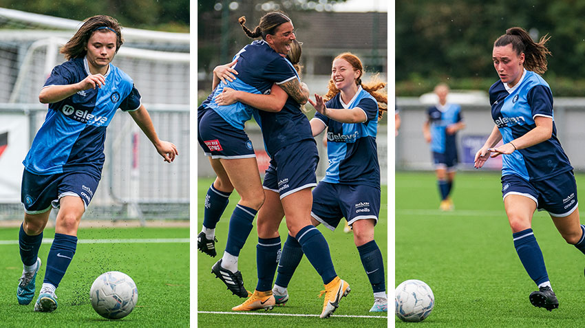 Three photos of Wycombe Wanderers Women's team players in action