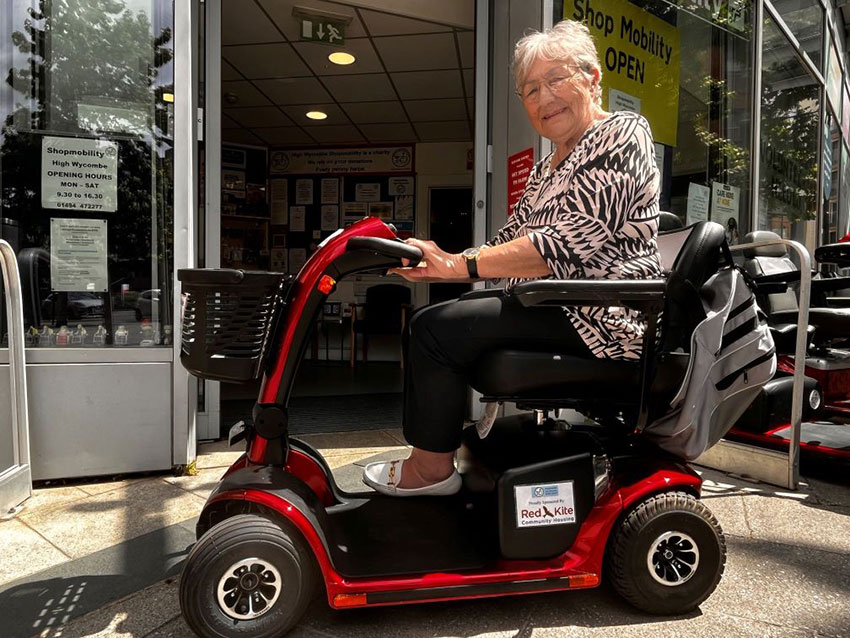 Bev on a Shopmobility High Wycombe mobility scooter