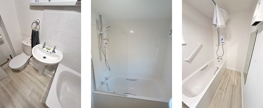 Three photos showing newly-refurbished bathrooms, with laminate flooring, white basin and toilet fittings, and white baths with handrails and shower units