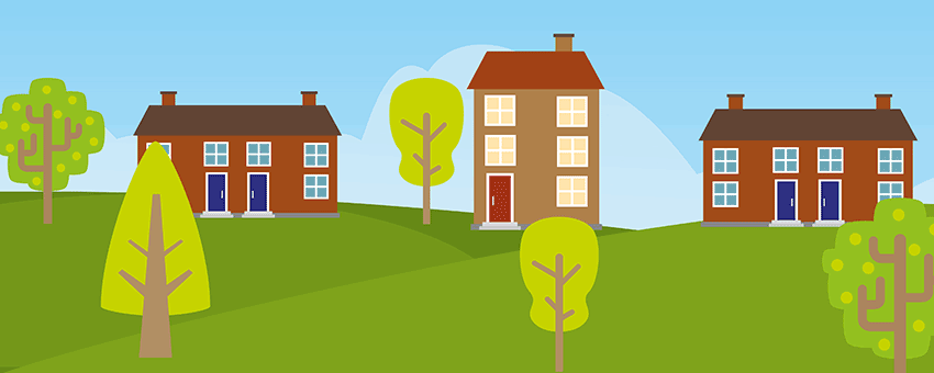 A row of houses and green space graphic on a banner