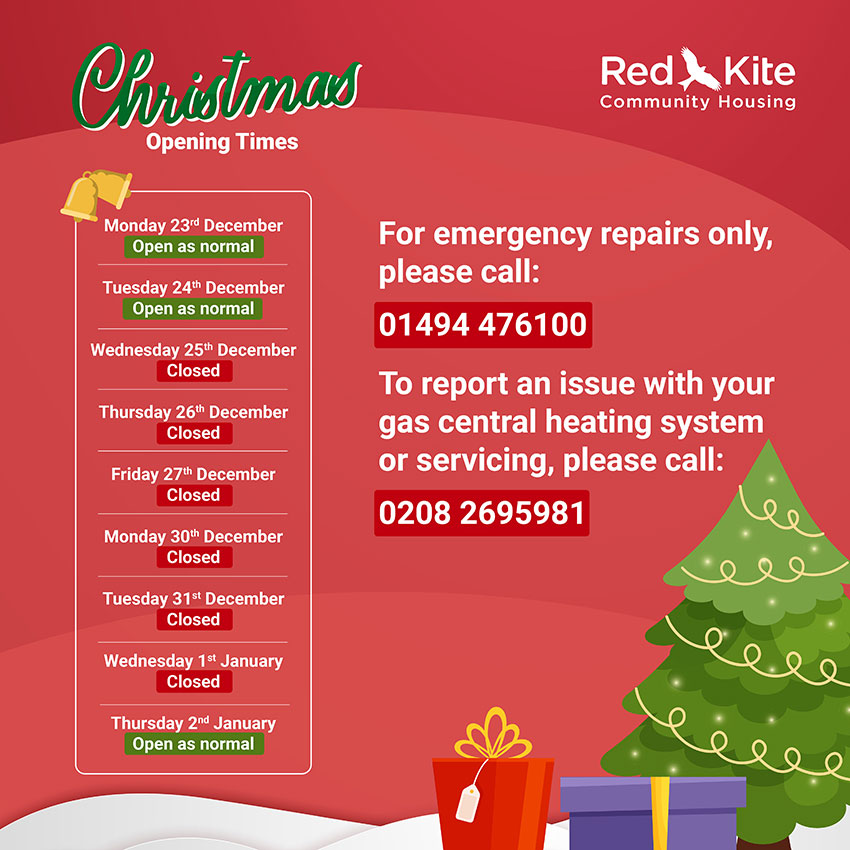 Christmas opening times: Monday 23rd & Tuesday 24th December - open as normal | Wednesday 25th December to Wednesday 1st January - closed | Thursday 2nd January - open as normal | For emergency repairs call 01494 476100, or 0208 2695981 for gas CH issues