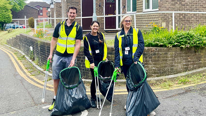 Members of Red Kite's Estates team ready for litter picking, with high-viz tabards, litter pickers and sacks