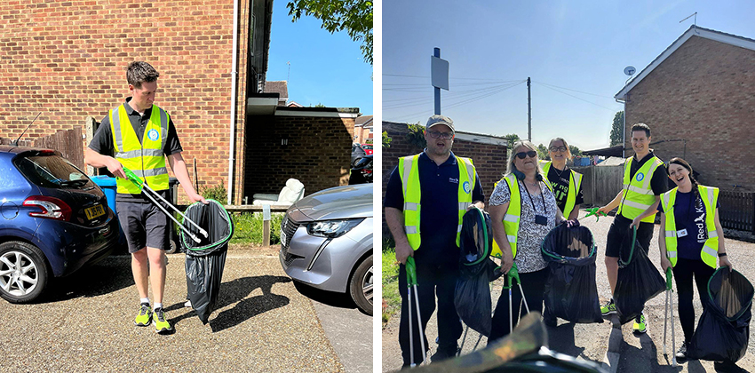 (L-R) a member of the Estates team litter picking; the Estates team
