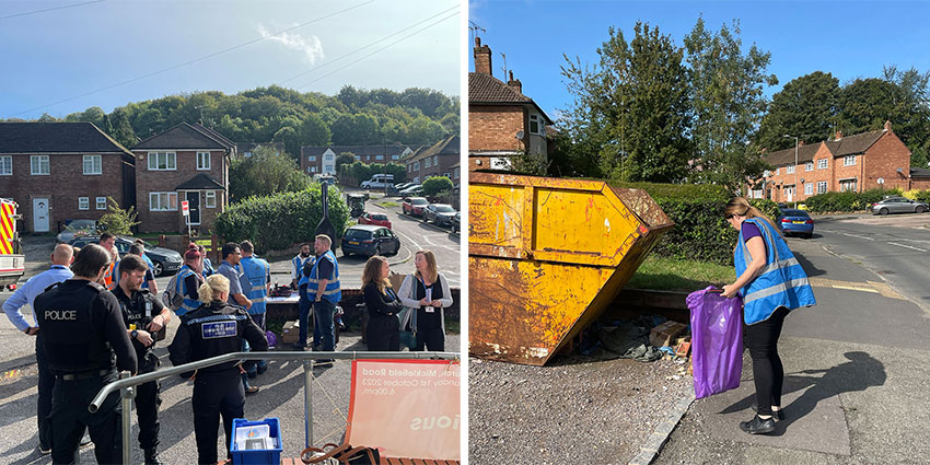 (L) Thames Valley Police and Opportunity Bucks staff at the Community Action Day in Micklefield; (R) Litter picking during the Community Action Day in Micklefield