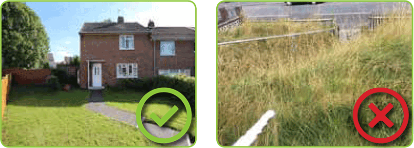 (L) A home with a regularly mown lawn; (R) A neglected and overgrown grassed area