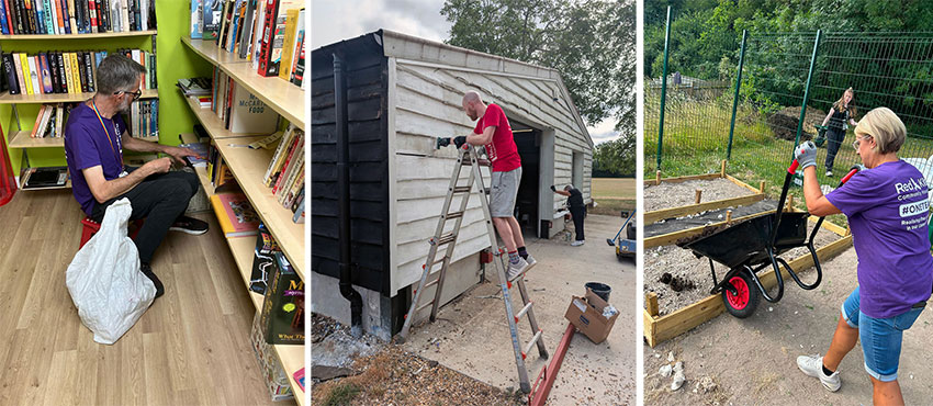 Red Kite staff members volunteering at various local charities and community groups - (L-R) helping at a charity shop; painting a wooden building; working on some raised beds