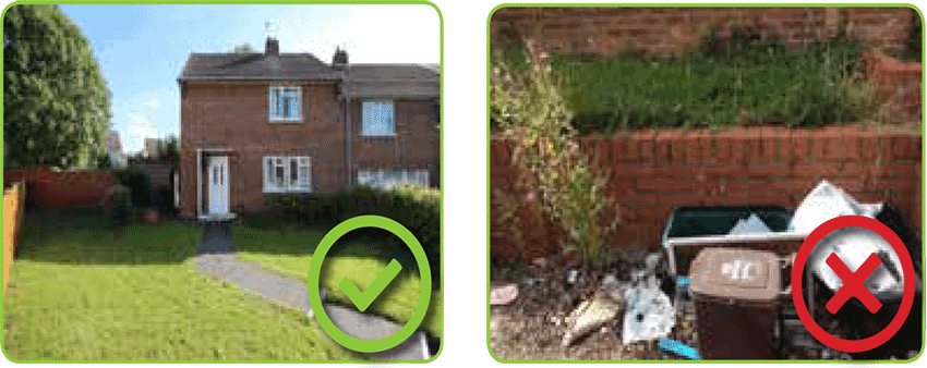 (L) A home with a tidy garden; (R) A rubbish-filled garden
