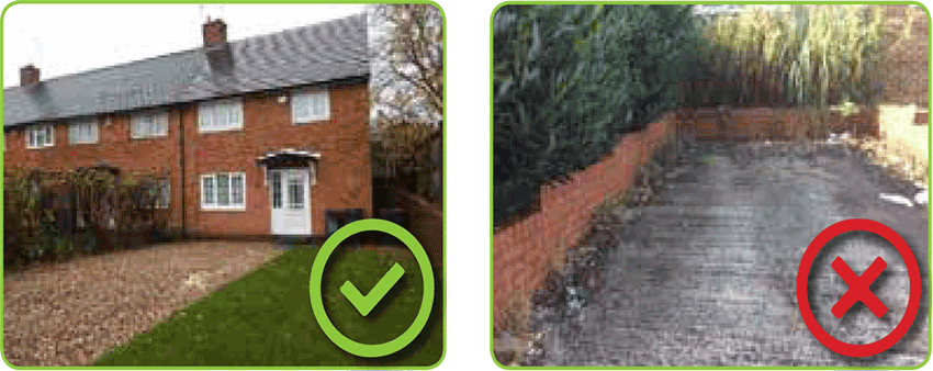 (L) A home with a tidy driveway; (R) A neglected and weed-infested driveway