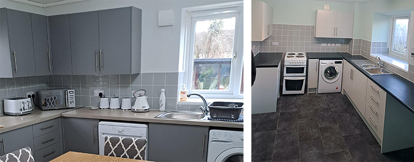 Two photos showing newly-refurbished kitchens, with light grey splashback tiling, dark grey laminate worktops, and eggshell blue upper walls. One has grey cupboard doors and drawer fronts, the other has white ones.