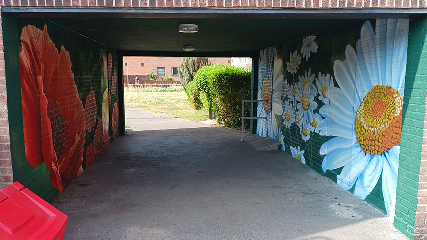A view though one of the Mahoney Court undercrofts showing the new murals