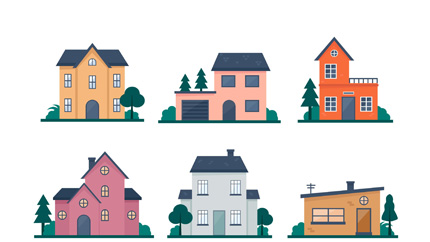Illustration Of Six Different Houses In Various Colours And Styles, Each With Trees And Shrubs Around Them