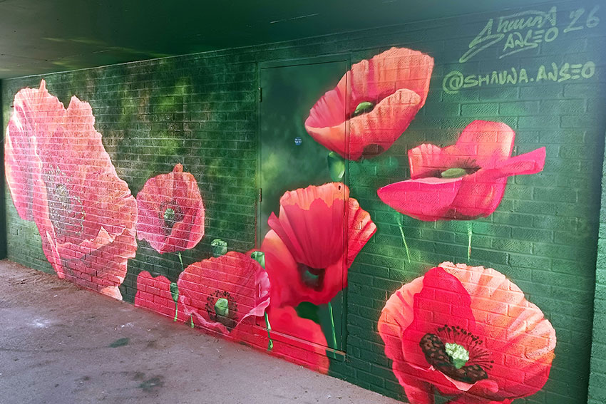 A mural depicting poppies on one side of the Mahoney Court undercroft