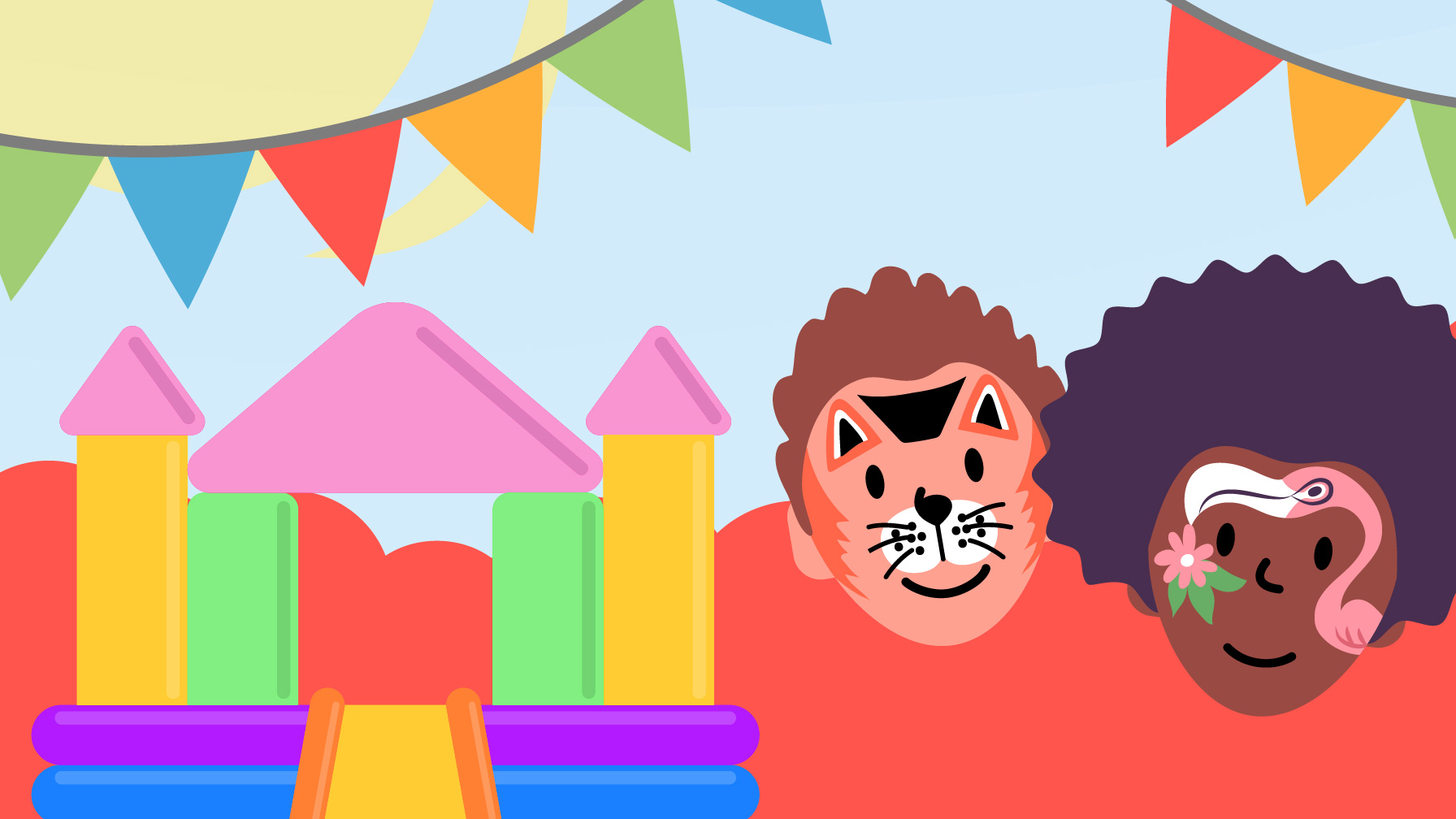 Red Kite Roadshow - a graphic showing a bouncy castle, bunting, and two children with their faces painted