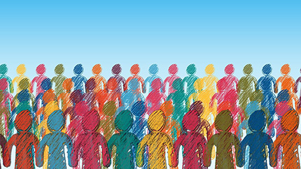 Image Of A Crowd Of Multi Coloured Cartoon People With No Features Stood Side By Side