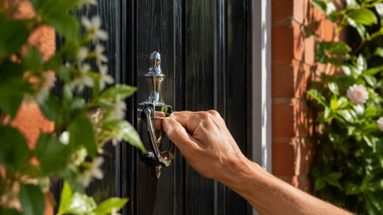 A hand knocking on a front door