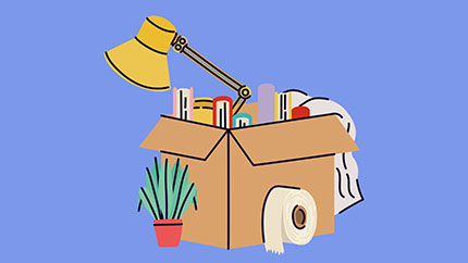 A cardboard box filled with various items including an Anglepoise lamp, with a pot plant and a roll of parcel tape alongside it - from Moving Vectors by Vecteezy - www.vecteezy.com/free-vector/moving