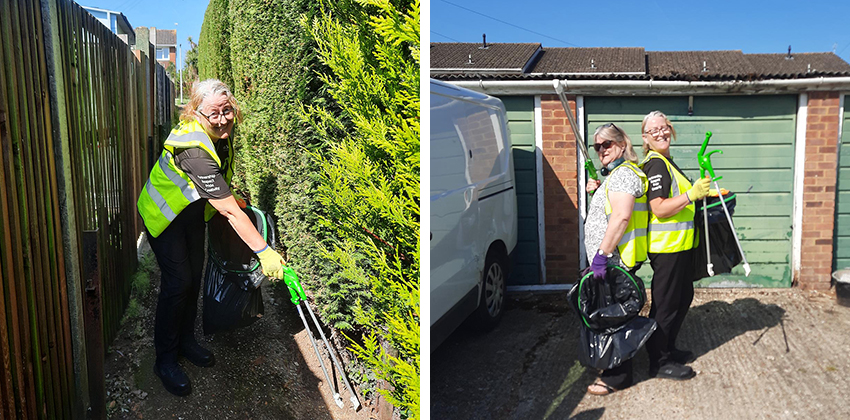 (L-R) a member of the Estates team litter picking; two members of the Estates team stood back-to-back with sacks and litter pickers