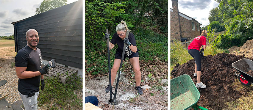 Red Kite staff members volunteering at various local charities and community groups - (L-R) painting a pavilion; scrub clearance; working on an allotment
