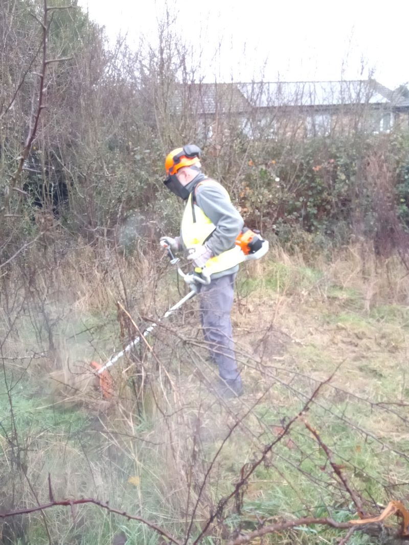 A volunteer hard at work with a strimmer on Booker Common