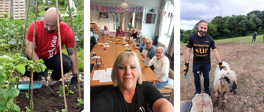 (L-R) Planting seedlings at Grow Together; Bingo at the Chichester Close sheltered scheme; herding sheep at Wild Mind Wellbeing