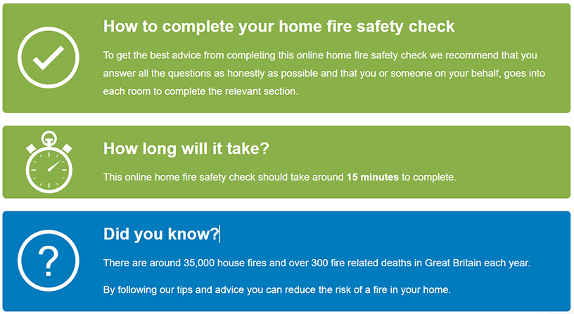 Home fire safety test description in coloured boxes