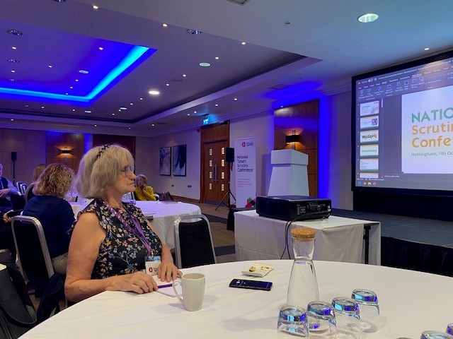 A woman looking at a presentation during a conference