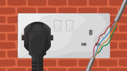 A double electrical socket with a plug and a section of frayed wiring