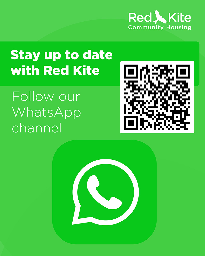 WhatsApp channel graphic with QR code pointing to channel