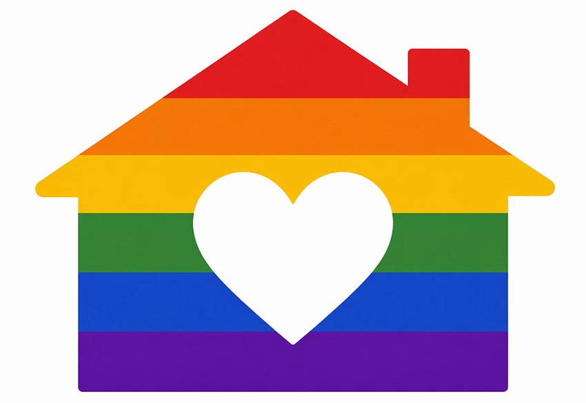 A graphic of a house in rainbow colours with a heart-shaped cutout at its centre