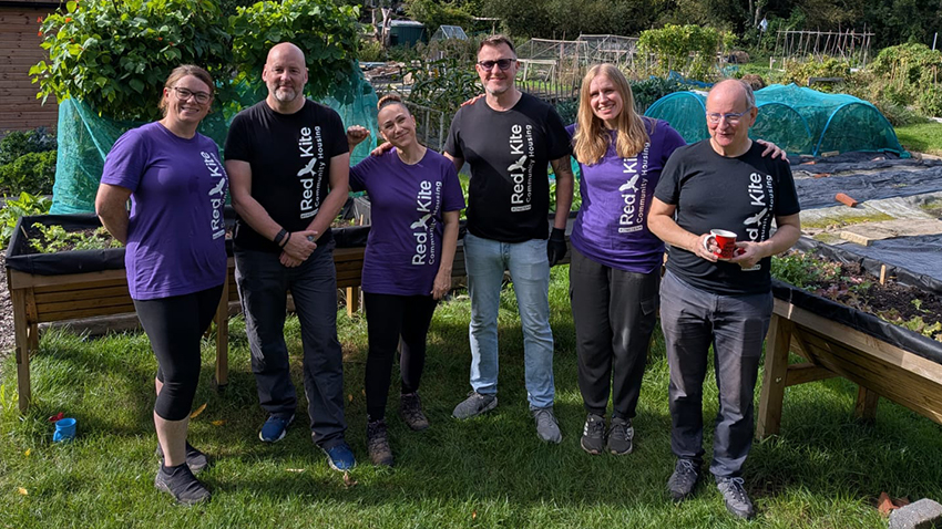 The six members of Red Kite's Executive and Senior Leadership Teams pose for a group photo at the Grow Together community allotments in Loudwater, High Wycombe