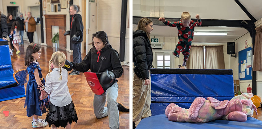 (L-R) A member of the Gods of War team showing two young girls how to use sparring pads | a tenant's child leaping from one crashmat onto another