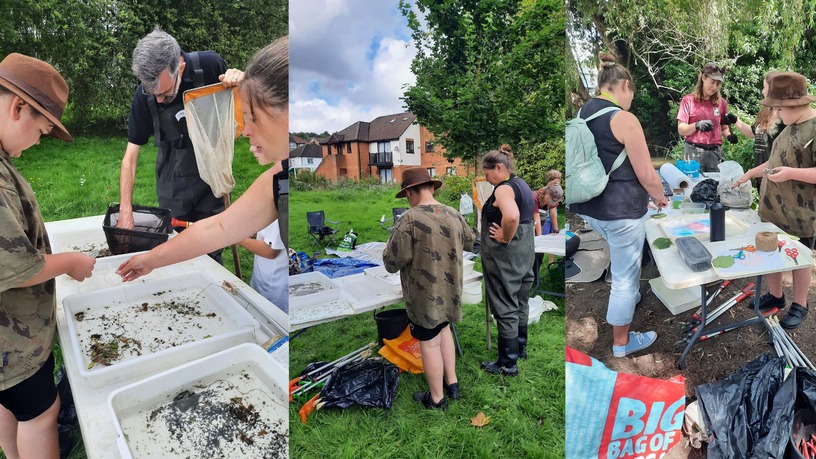 A collage of pictures showing a Red Kite volunteer and her son enjoying a day with Chiltern Rangers